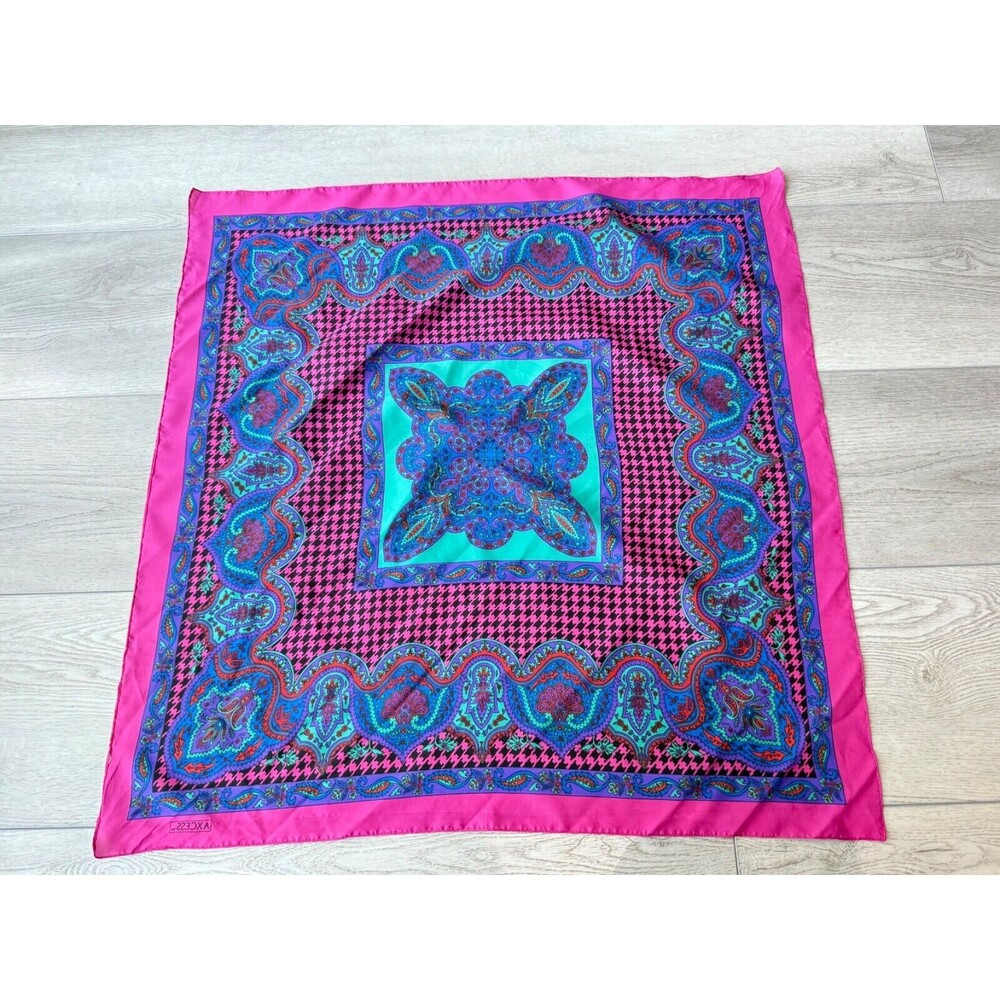 Access Houndstooth and Mandala Square Scarf Vintage Pink and Aqua 30" - Picture 6 of 6